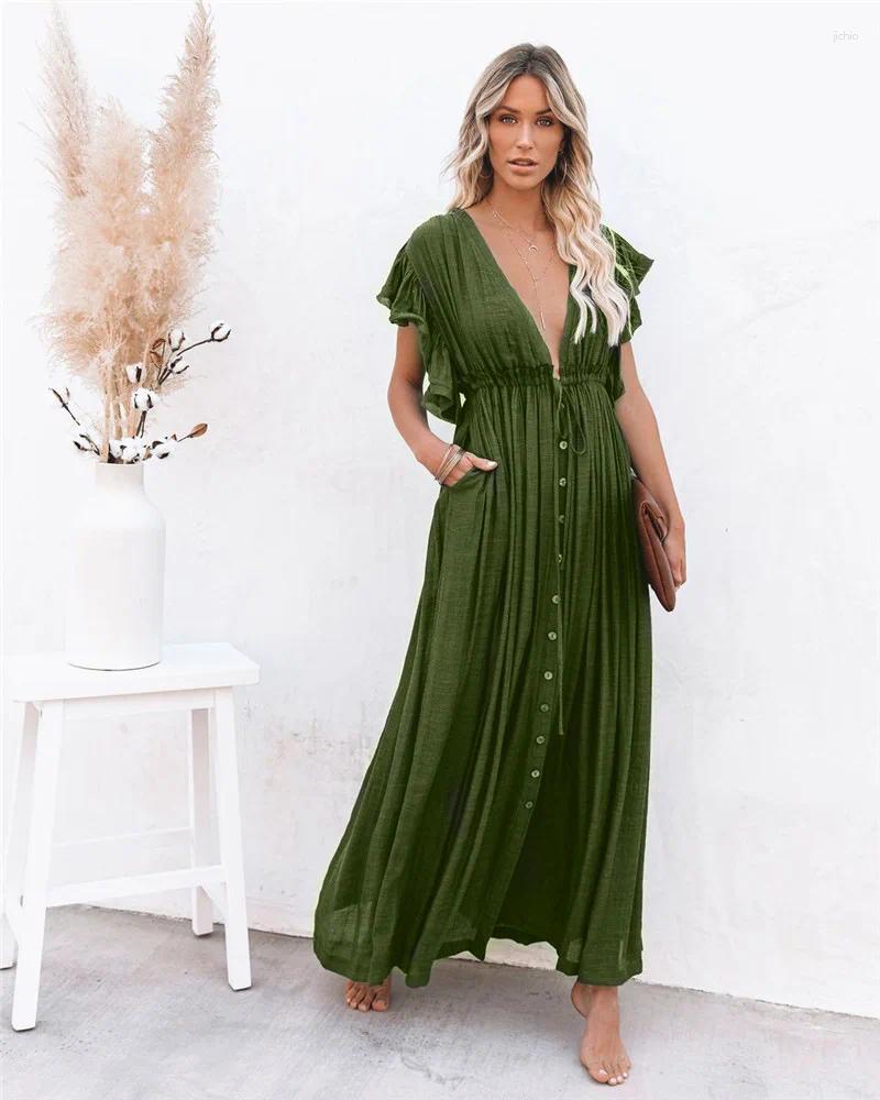 White Cover-ups Bikini Cover Up Kaftan Women Long Maxi Dress Solid V Neck Ladies Holiday Robe Plage Tunic Beachwear