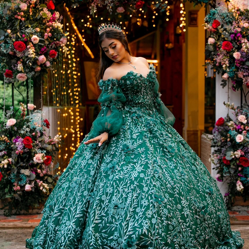 Emerald Green Off The Shoulder 3D Flowers Ball Gown Quinceanera Dresses Ruffles Sequined Appliques Lace Corset Vestidos De 15 Anos