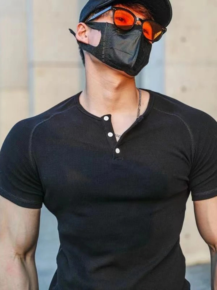 Man Tee Shirts Slim Fit T Shirt for Men Plain Top Skinny Muscles V Neck No Gym Summer Wholesale Casual Streetwear Harajuku 240429