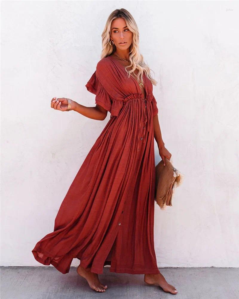 White Cover-ups Bikini Cover Up Kaftan Women Long Maxi Dress Solid V Neck Ladies Holiday Robe Plage Tunic Beachwear