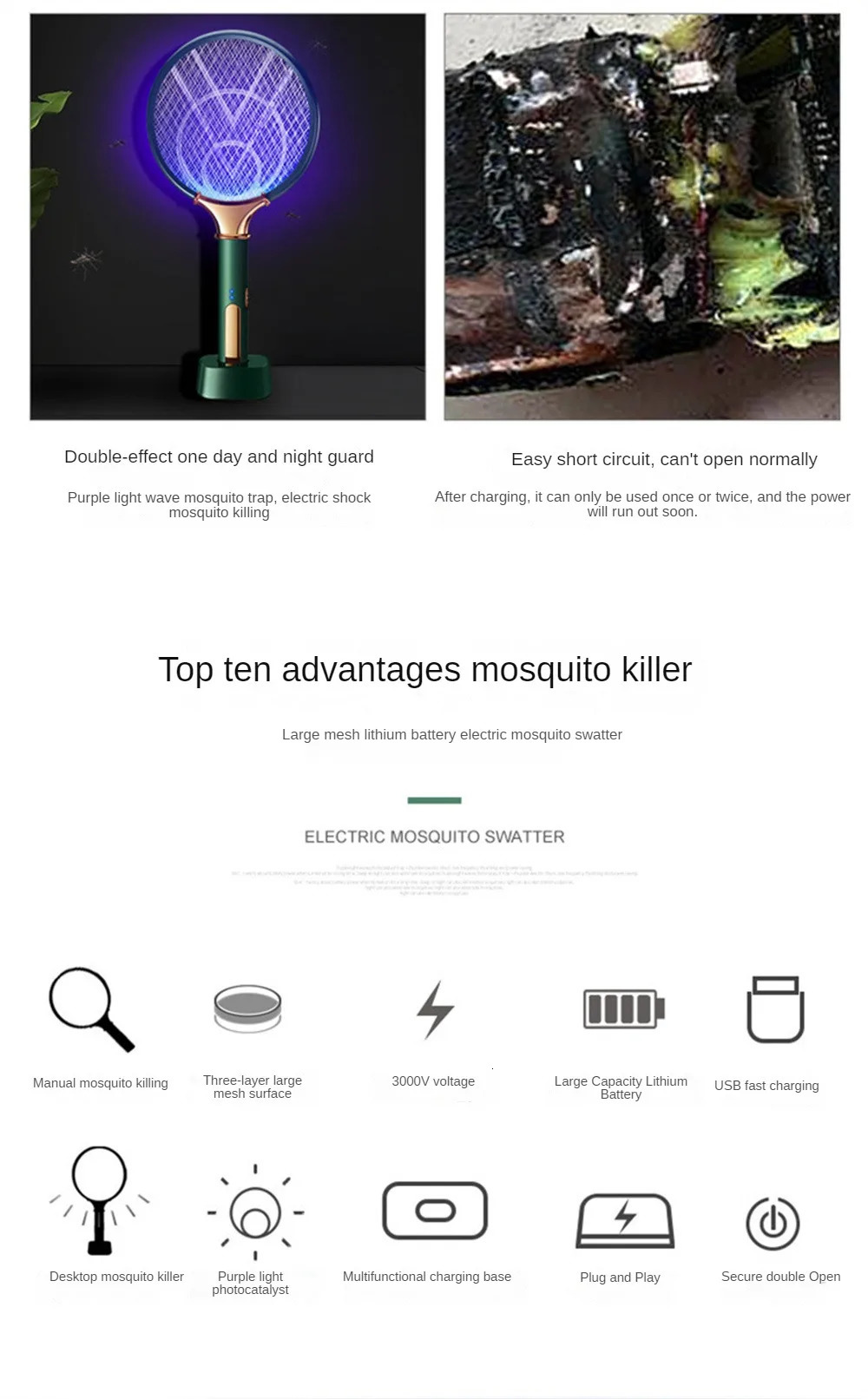 Rechargeable Electric Mosquito racket Killer fly swatter fryer flies Cordless Battery Power Bug Zapper Insects Racket 240415