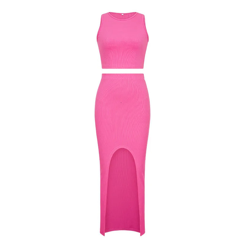 Summer Two Piece Dresses Sets Women Skirt Suit Streetwear Sexy Slim Crop Tops Long Split Dress Tank Vest Camis With 240423