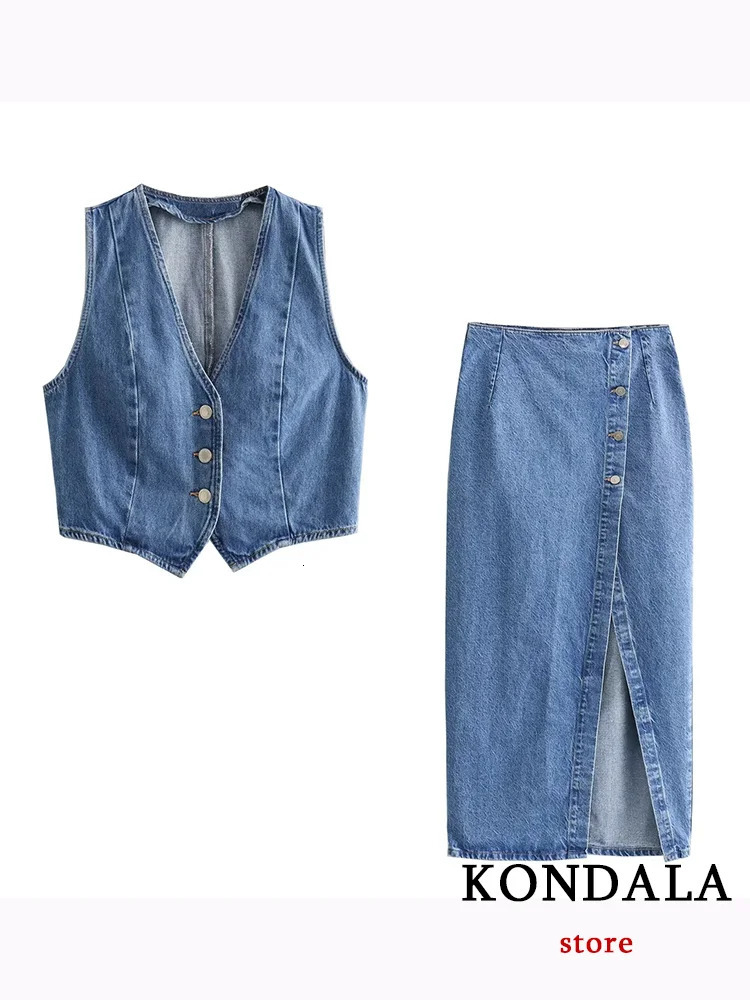 KONDALA Casual Vintage Solid Denim Women Suit Single Breasted Sleeveless Vest Long Straight Split Skirt Fashion Summer Sets 240423