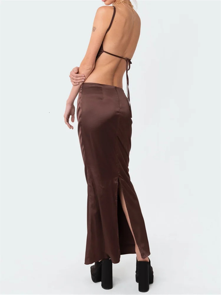 CHRONSTYLE Satin 2 Piece Set Women Suits Retro Sleeveless Strap Backless Tieup Camis Tank Low Waist Back Split Long Skirts 240423