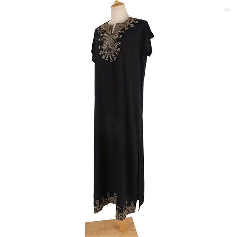 Retro Beach Cover Up V-neck Embroidery Split Maxi Dress Pareo Tunic Kaftan Black Bikini Cover-ups For Holiday