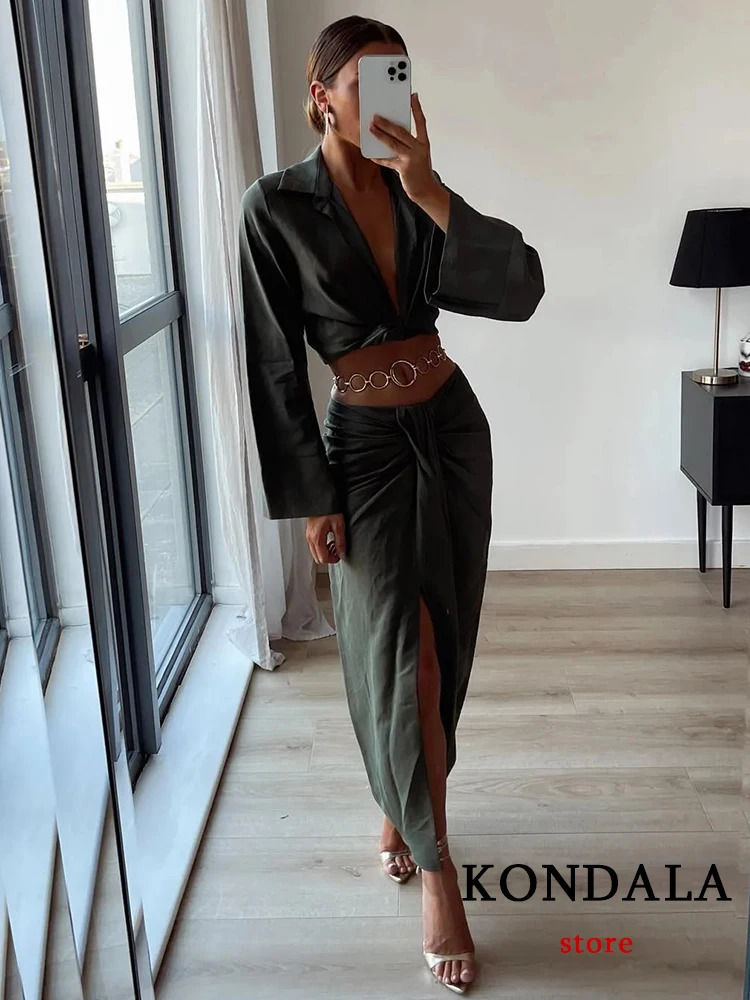 KONDALA Vintage Office Lady Solid Women Suits Long Sleeve Bow Shirts TopsSide Split Pleated Skirts Fashion Casual Sets 240423