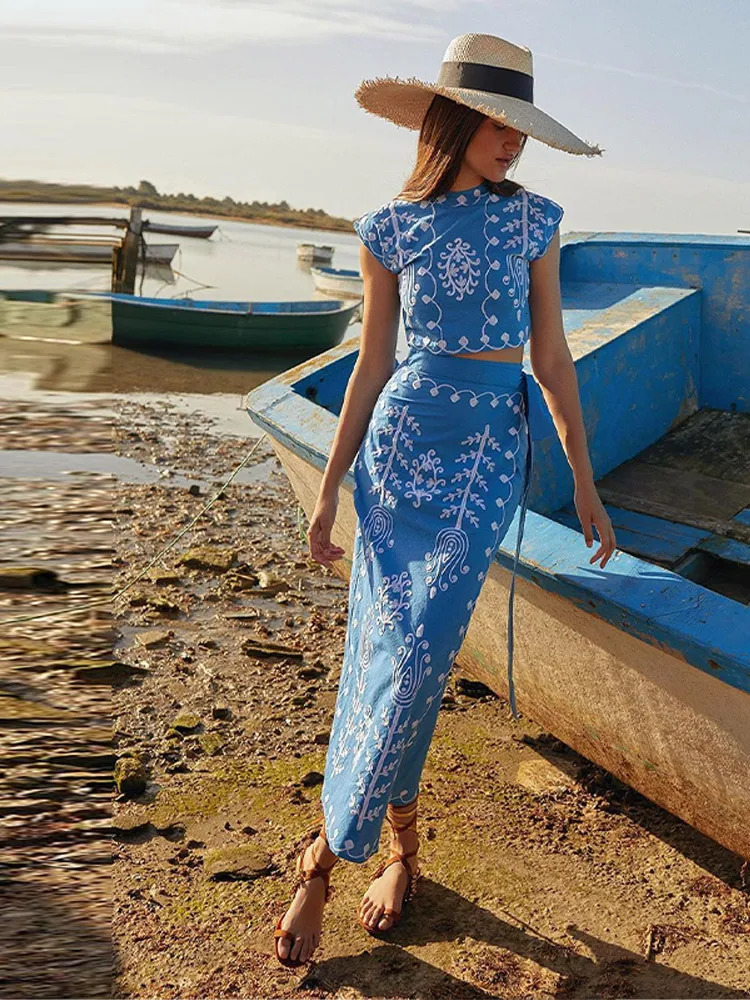 Linen Printed Spring Tshirt Skirts Set Women Sleeveless Oneck Button Short Top And Lace Split Bodycon Skirt Two Piece Suits 240423