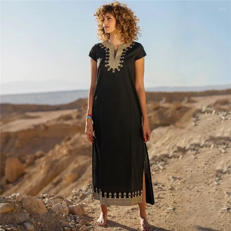 Retro Beach Cover Up V-neck Embroidery Split Maxi Dress Pareo Tunic Kaftan Black Bikini Cover-ups For Holiday