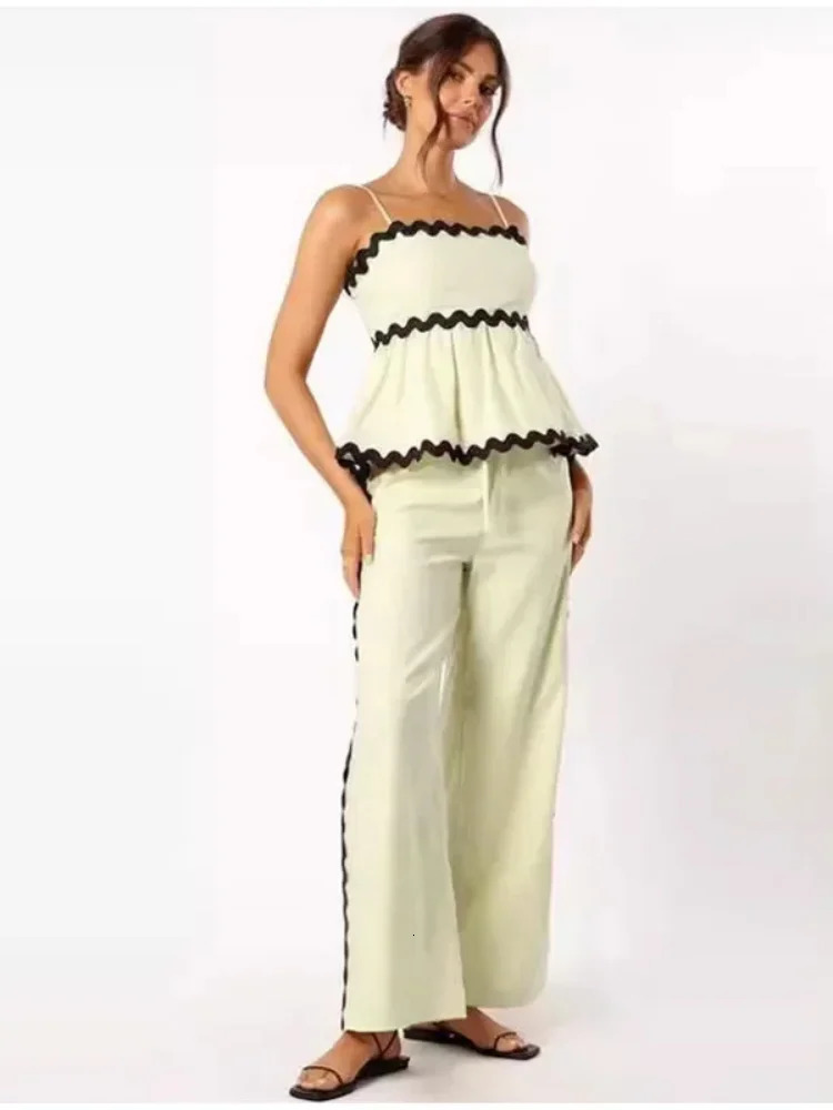 Ruffle Sling Top Two Piece Set Women Elegant Stripe Sleeveless Wide Leg Pants Female Suit Summer High Waist Lady Suits 240423