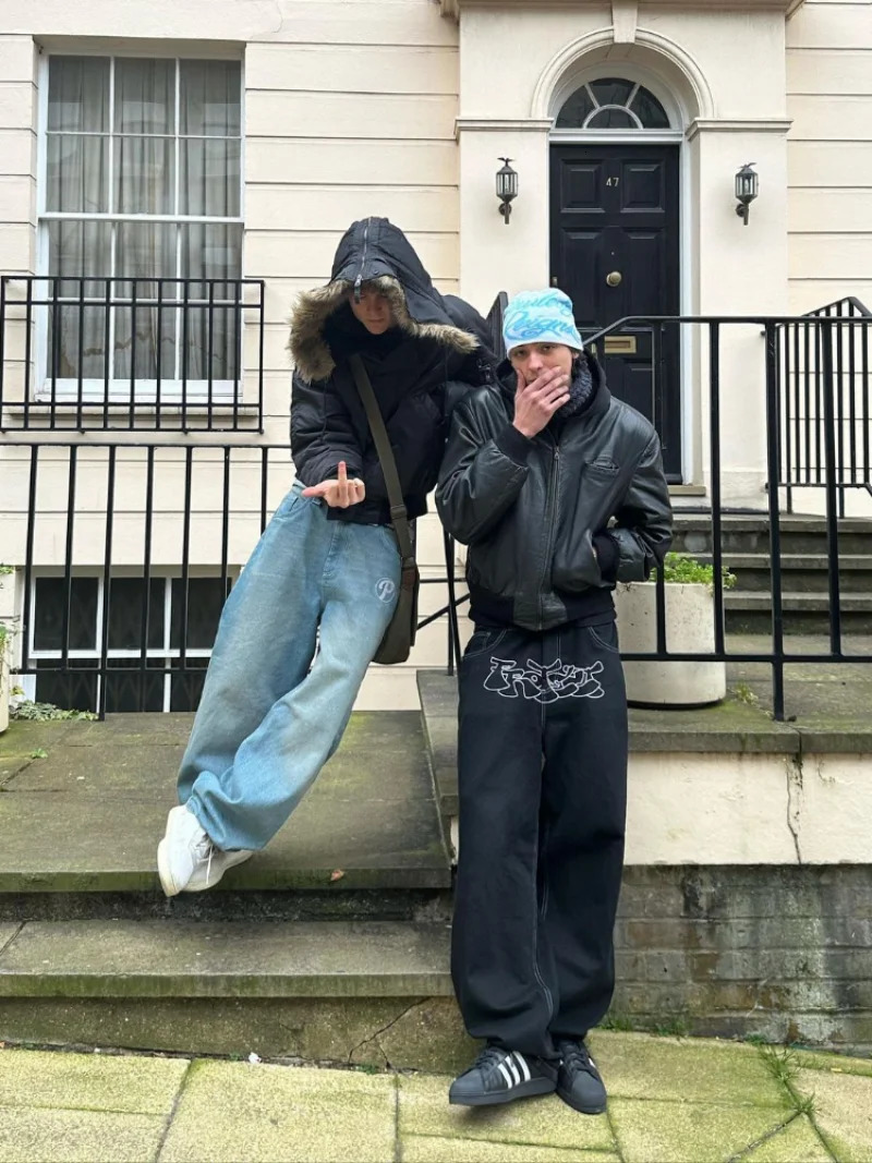 Y2k Men Retro Harajuku Clothing Baggy Casual Wide Leg Jeans Hip Hop Print Jeans Trend Fashion Black High waist Jean 240429