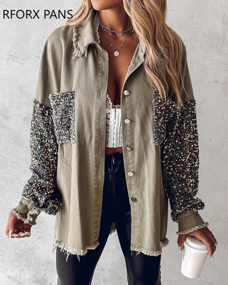 Women Denim Jackets Coats Contrast Sequin Raw Hem Shacket 240429