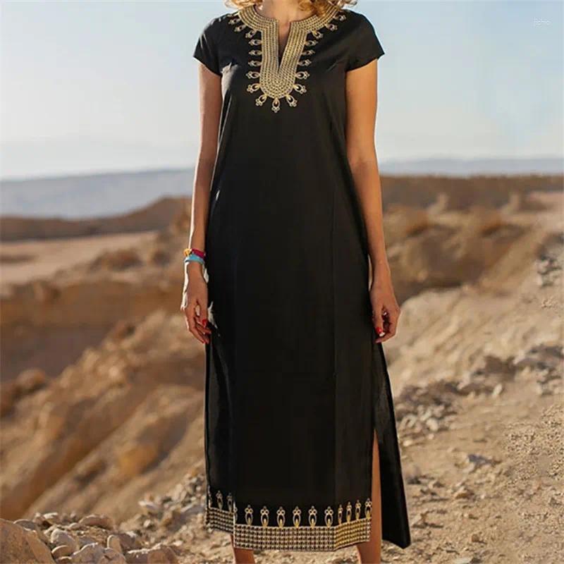 Retro Beach Cover Up V-neck Embroidery Split Maxi Dress Pareo Tunic Kaftan Black Bikini Cover-ups For Holiday