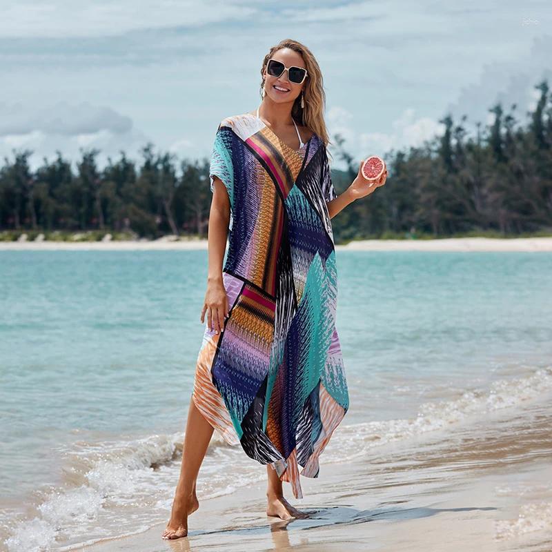 Summer Chiffon Printing Bikini Cover Up Sexy Split Boho Beach Kaftan Tunic Plus Size Maxi Dress Swim Wear