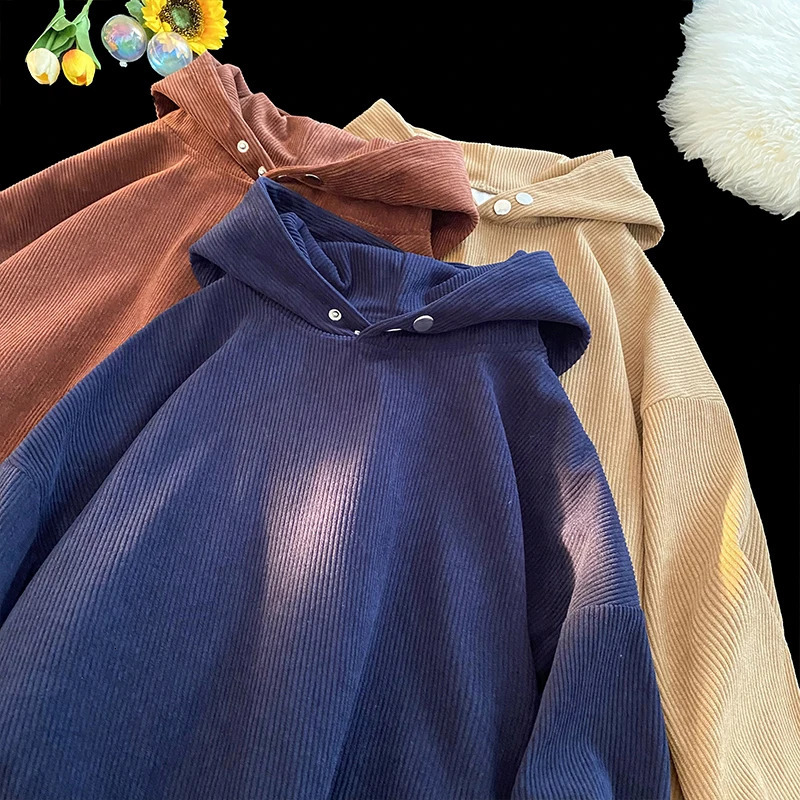 Classic Mens Hooded Sweatshirt Casual Comfortable Corduroy Hoodie Spring and Autumn Solid Color Unisex Pullover 240430