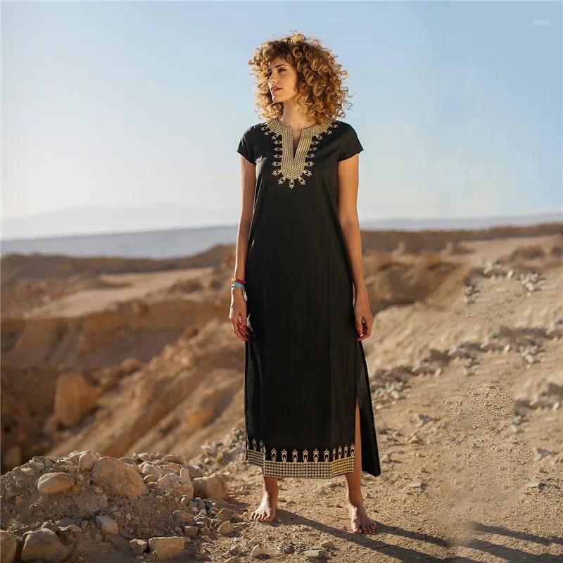 Retro Beach Cover Up V-neck Embroidery Split Maxi Dress Pareo Tunic Kaftan Black Bikini Cover-ups For Holiday
