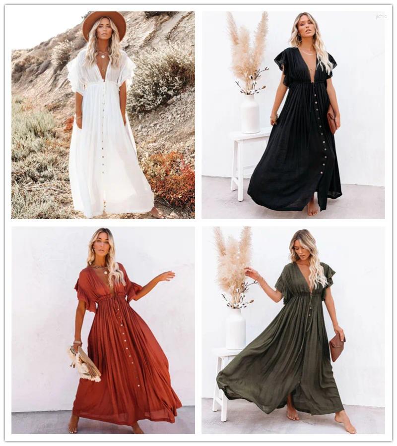 White Cover-ups Bikini Cover Up Kaftan Women Long Maxi Dress Solid V Neck Ladies Holiday Robe Plage Tunic Beachwear