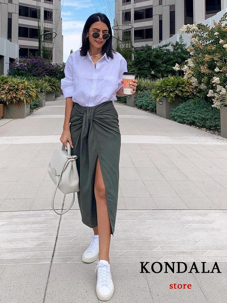 KONDALA Vintage Office Lady Solid Women Suits Long Sleeve Bow Shirts TopsSide Split Pleated Skirts Fashion Casual Sets 240423