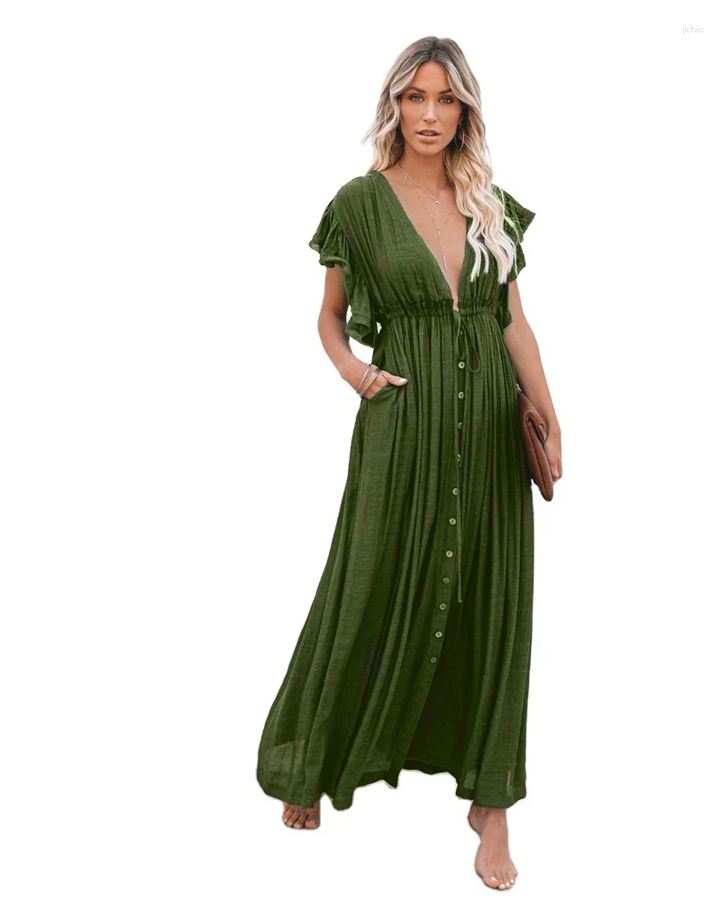 White Cover-ups Bikini Cover Up Kaftan Women Long Maxi Dress Solid V Neck Ladies Holiday Robe Plage Tunic Beachwear