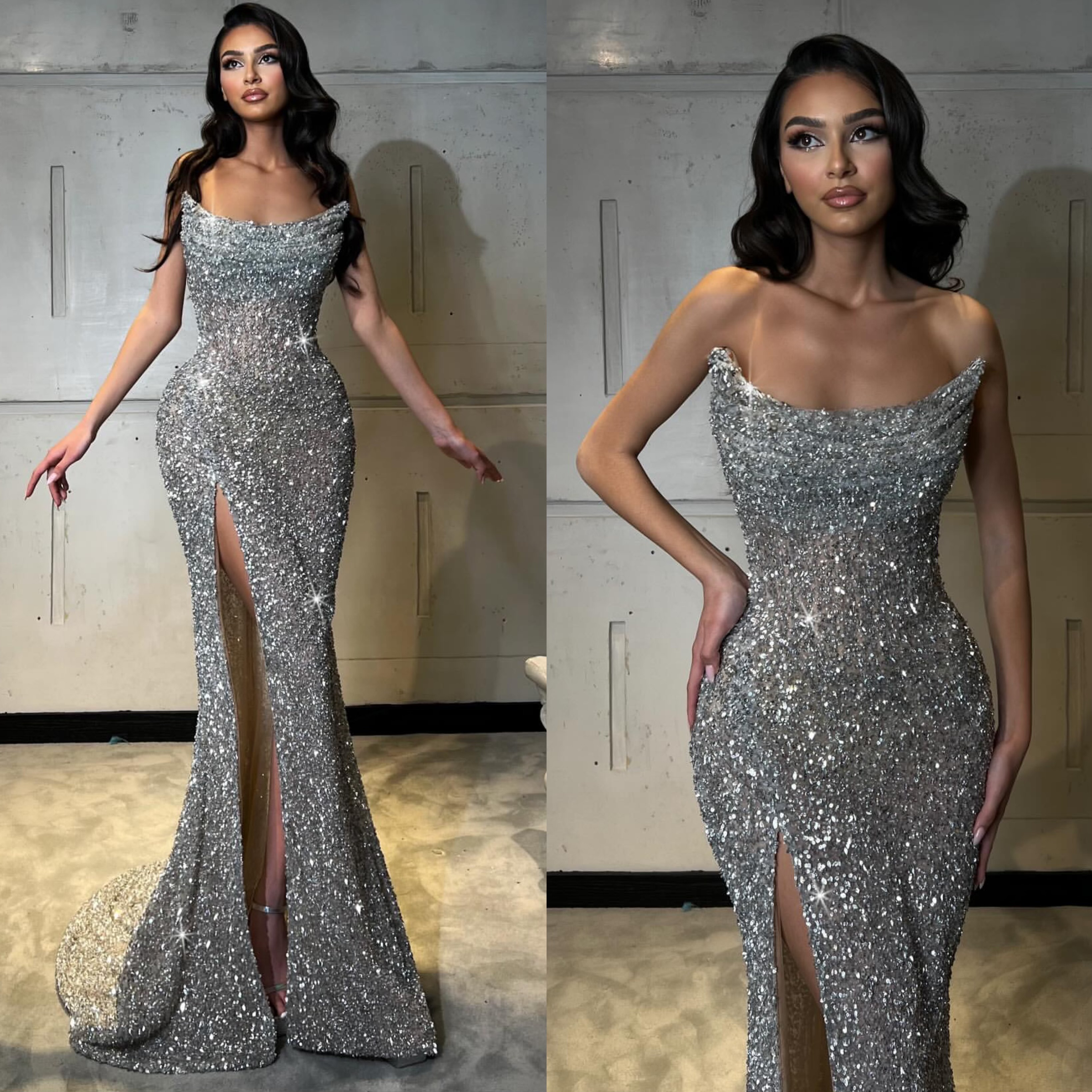 Stunning sequins mermaid prom dress sier strapless formal evening dresses elegant backless split gowns for special ocns long robe de soiree