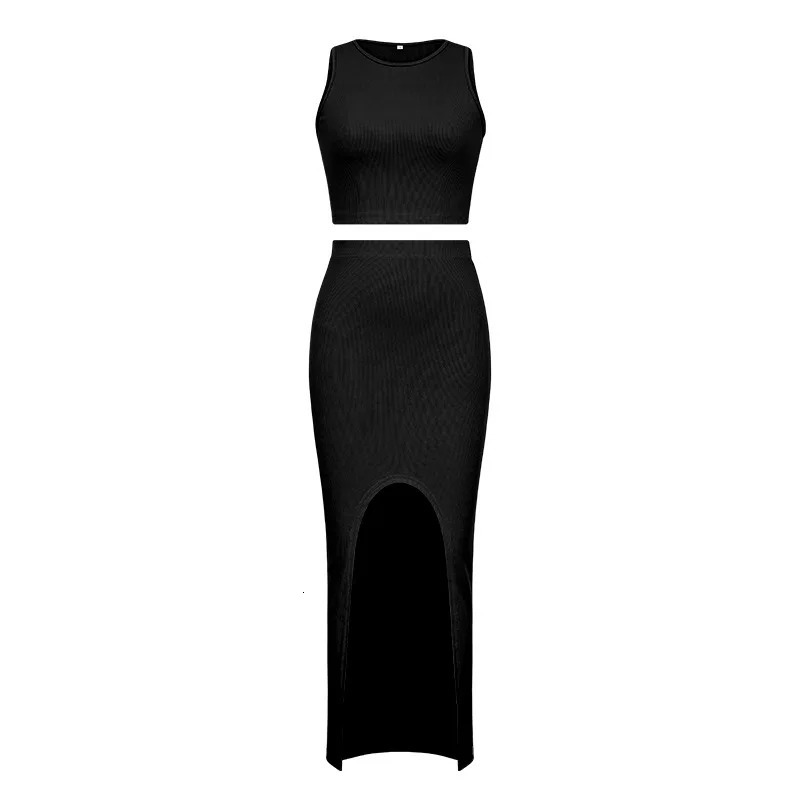 Summer Two Piece Dresses Sets Women Skirt Suit Streetwear Sexy Slim Crop Tops Long Split Dress Tank Vest Camis With 240423