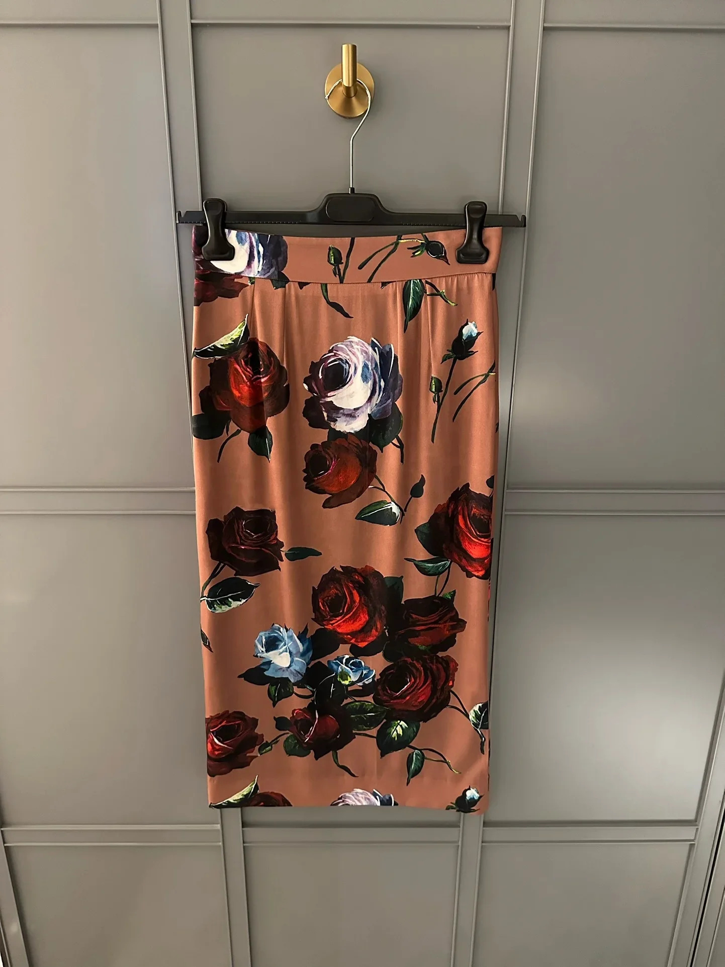 SpringSummer Rose Print Turndown Collar Long sleeved ShirtHshaped Loose Half Skirt woman Set of Two Female clothing 240419