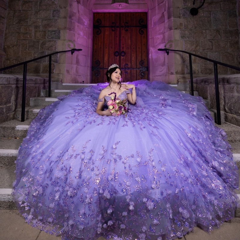 Lavender Shiny Off The Shoulder Quinceanera Dress Princess Prom Gown Appliques Lace Beads Tull Sweet 16 Dress Vestidos De 15 Anos