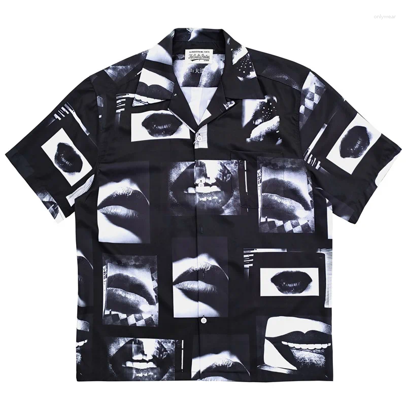 Men's Casual Shirts Black White WACKO MARIA Lip Pattern Hawaii Beach 1:1 Good Quality Fashion Men Woman Versatile Short Sleeve