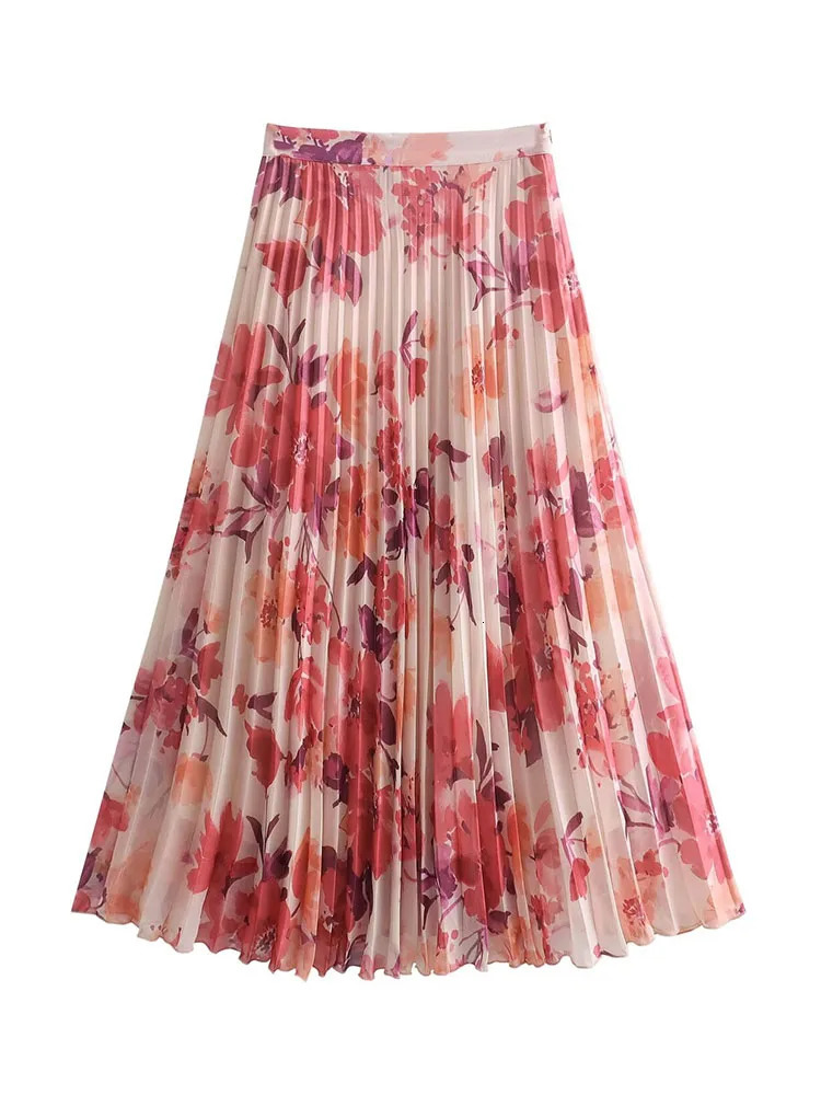 TRAF Spring Summer Women Floral Print Blouse Skirt Sets Fashion Casual Single Breasted Tops ALine Pleated Skirts Suits 240423