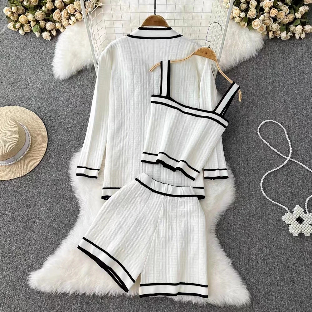 Women Sweater Pant Set 3 Pieces Casual Tank Cardigans Suits Autumn Winter Knitted Shorts OL Elegance Tops Elastic Sweaterpants 240423