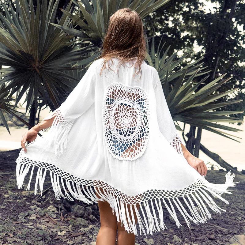 Bohemian Fringe Beach Cover-Up White Bikini Long Cardigan Crochet Hollow Out Sexy Kimono Swimwear Holiday Outing