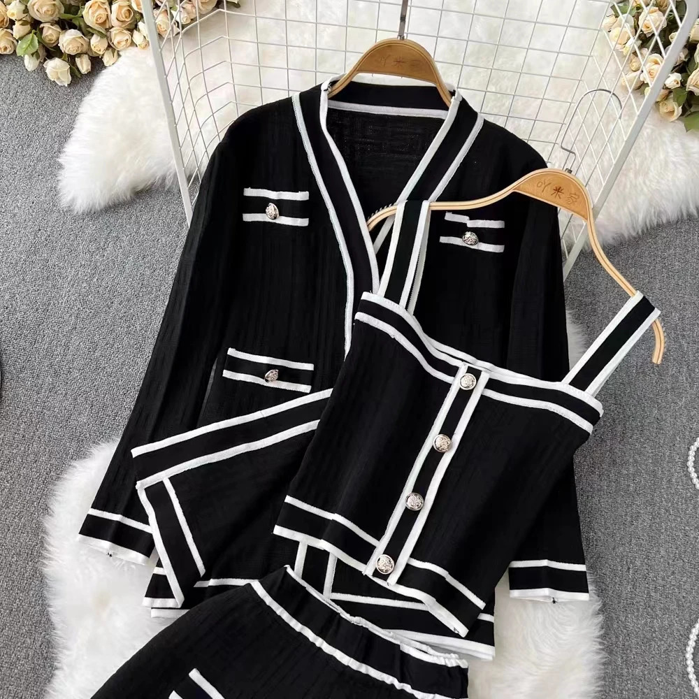 Women Sweater Pant Set 3 Pieces Casual Tank Cardigans Suits Autumn Winter Knitted Shorts OL Elegance Tops Elastic Sweaterpants 240423