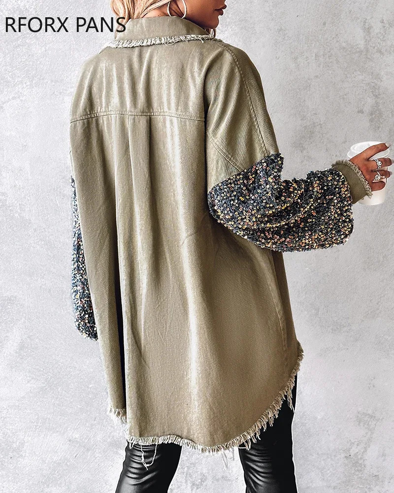 Women Denim Jackets Coats Contrast Sequin Raw Hem Shacket 240429