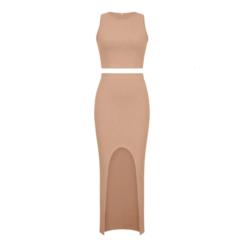 Summer Two Piece Dresses Sets Women Skirt Suit Streetwear Sexy Slim Crop Tops Long Split Dress Tank Vest Camis With 240423