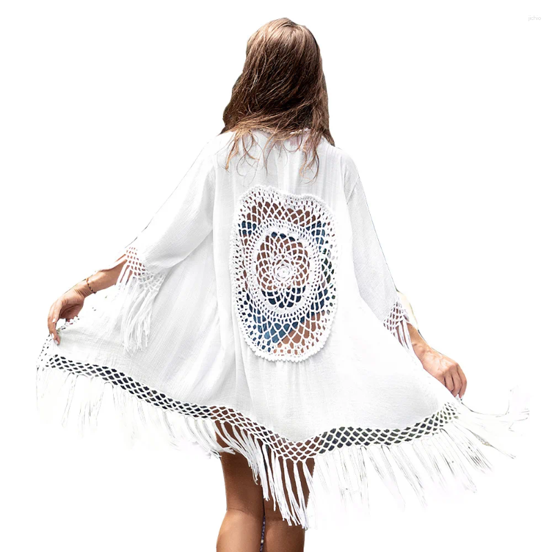Bohemian Fringe Beach Cover-Up White Bikini Long Cardigan Crochet Hollow Out Sexy Kimono Swimwear Holiday Outing