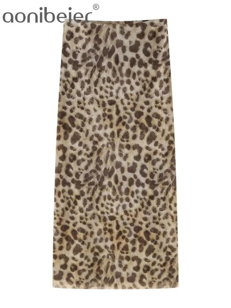 Aonibeier Sheer Tulle Leopard Print Women Midi Skirt Suits Traf Summer Sleeveless Strapless Slim Halter Female Crop Top Sets Y2K 240423