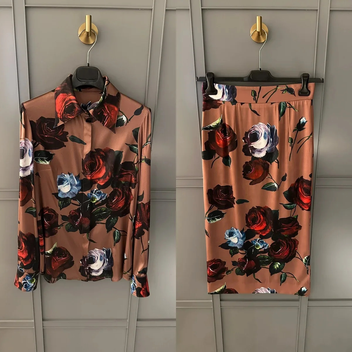 SpringSummer Rose Print Turndown Collar Long sleeved ShirtHshaped Loose Half Skirt woman Set of Two Female clothing 240419