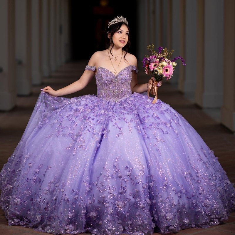 Lavender Shiny Off The Shoulder Quinceanera Dress Princess Prom Gown Appliques Lace Beads Tull Sweet 16 Dress Vestidos De 15 Anos