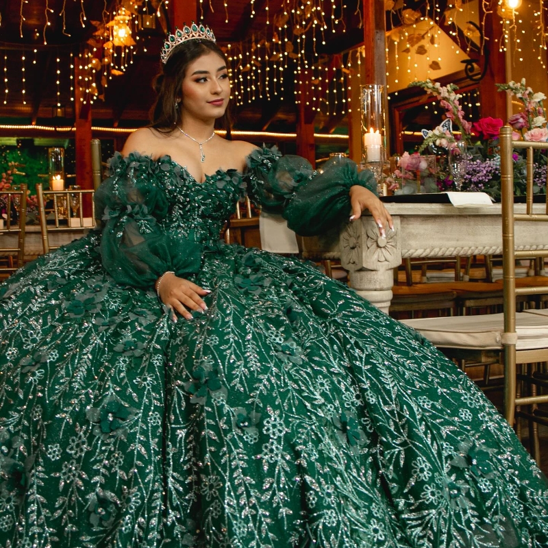 Emerald Green Off The Shoulder 3D Flowers Ball Gown Quinceanera Dresses Ruffles Sequined Appliques Lace Corset Vestidos De 15 Anos
