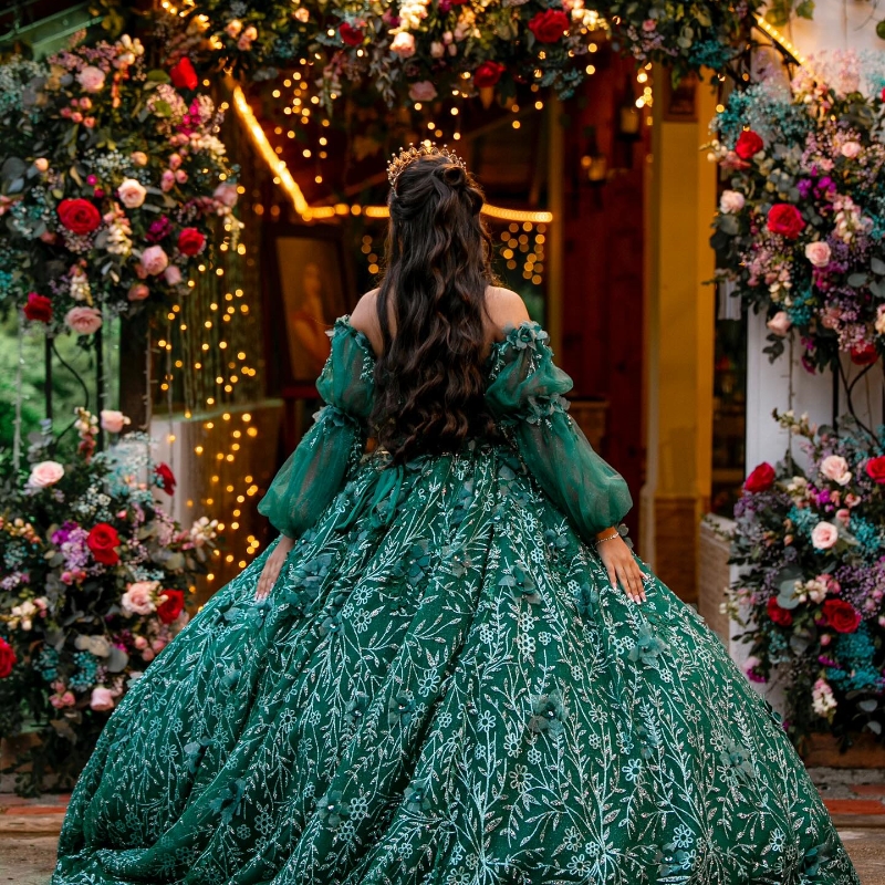 Emerald Green Off The Shoulder 3D Flowers Ball Gown Quinceanera Dresses Ruffles Sequined Appliques Lace Corset Vestidos De 15 Anos