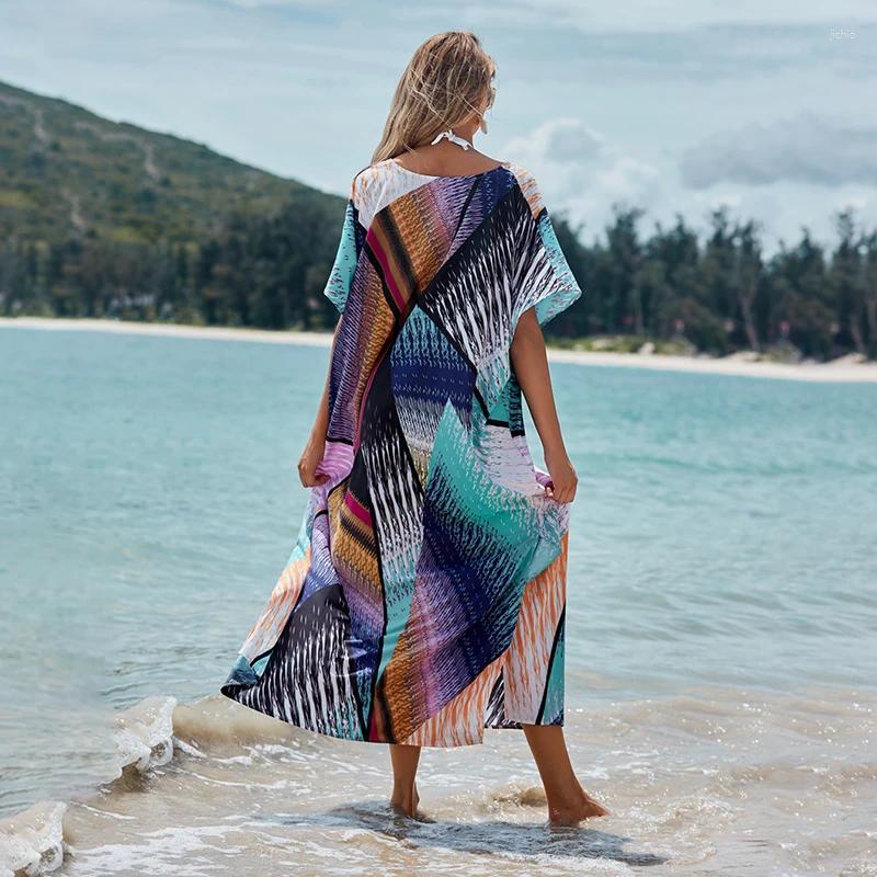 Summer Chiffon Printing Bikini Cover Up Sexy Split Boho Beach Kaftan Tunic Plus Size Maxi Dress Swim Wear