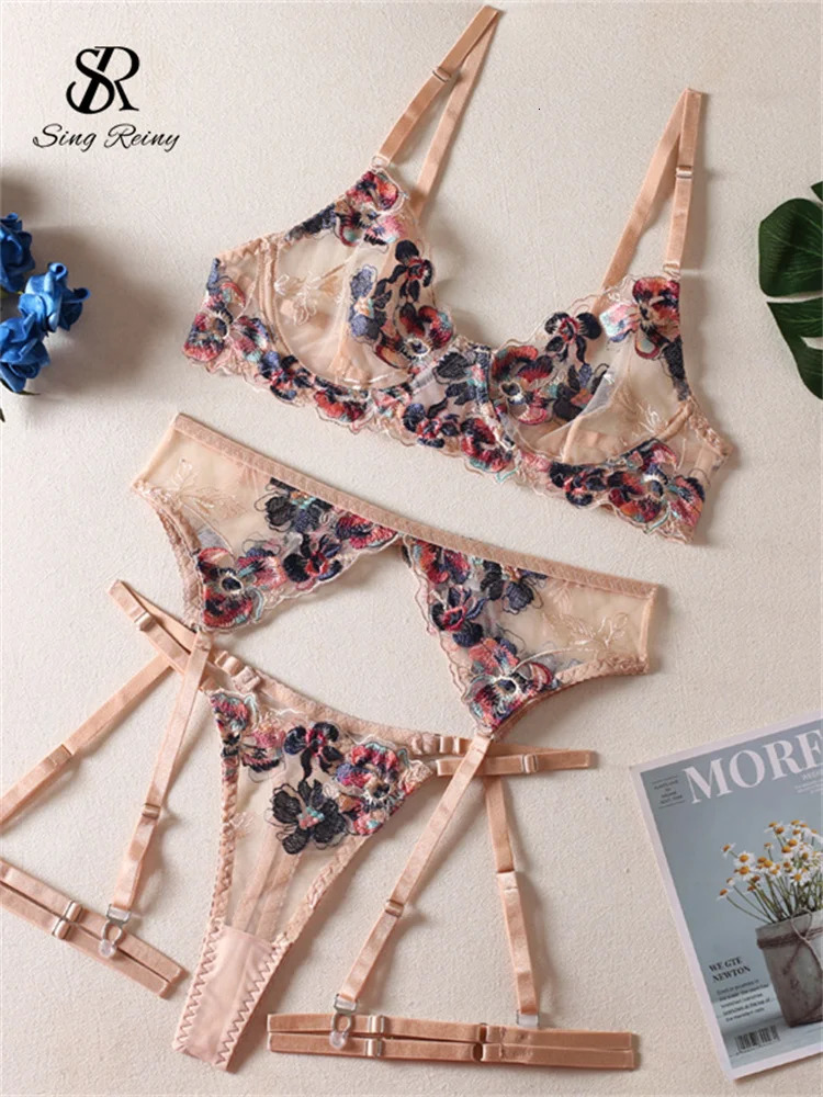 Singrainy floral embroidery sexy 4-piece set for womens tight fitting clothing transparent strapless club sex lingerie set 240425