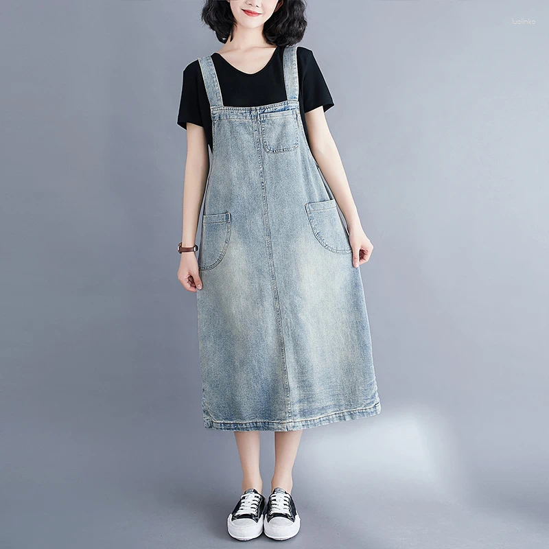 Casual Dresses Loose Straight Straps Denim For Women Streetwear Big Size Mom Long Dress Vintage Washed Jeans Vestidos Mujer