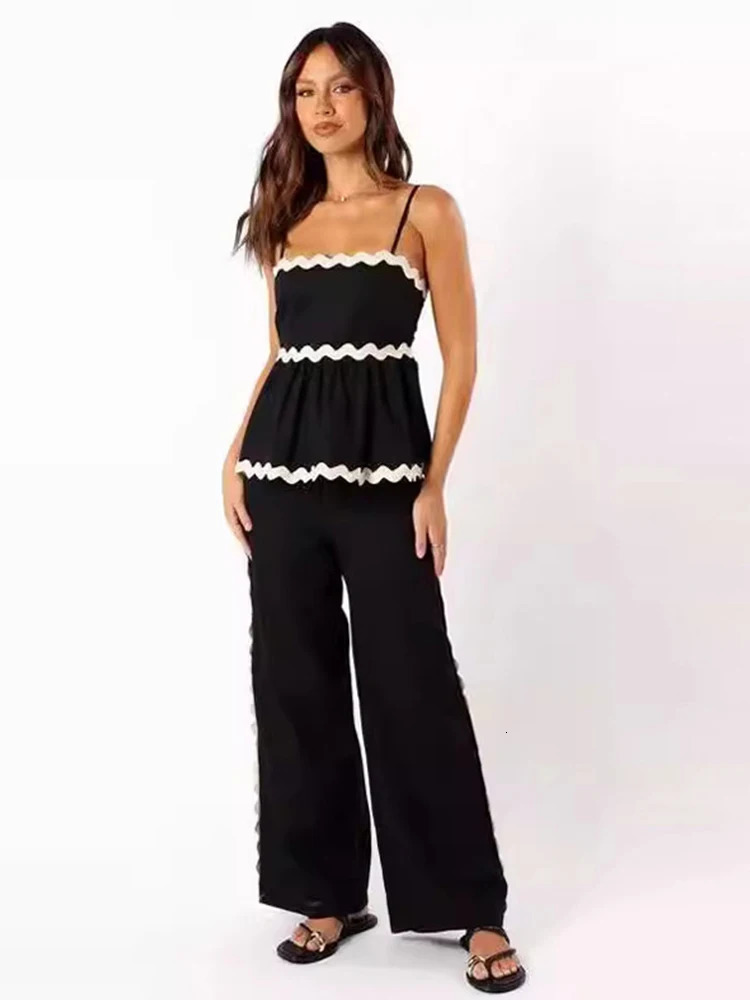 Ruffle Sling Top Two Piece Set Women Elegant Stripe Sleeveless Wide Leg Pants Female Suit Summer High Waist Lady Suits 240423