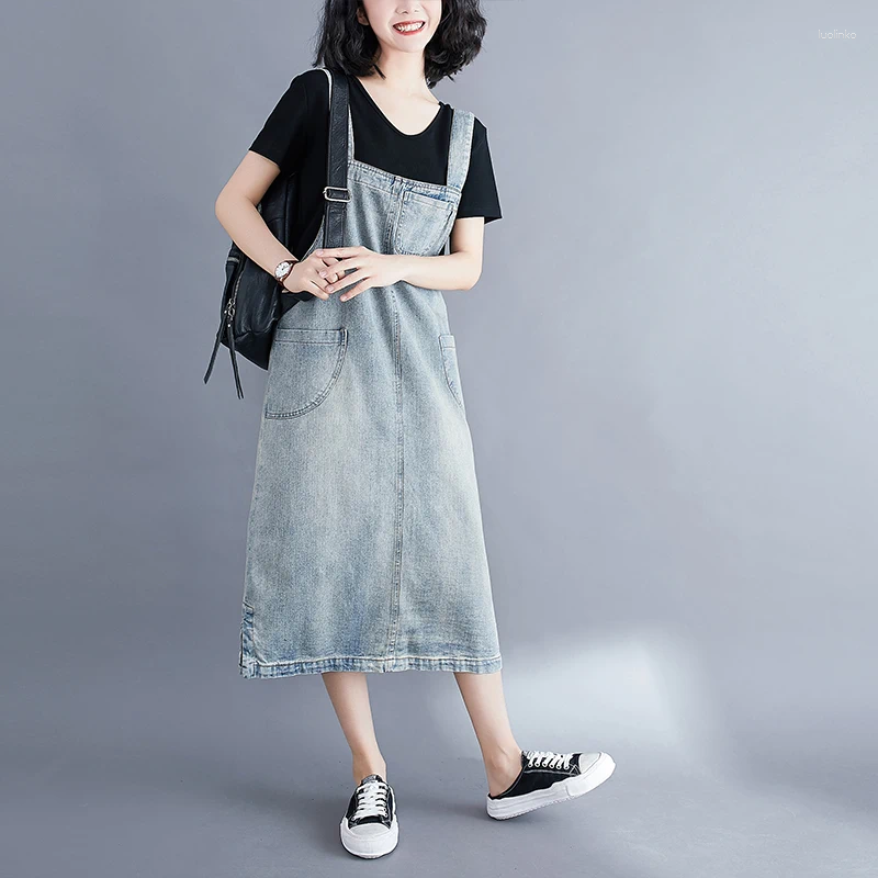 Casual Dresses Loose Straight Straps Denim For Women Streetwear Big Size Mom Long Dress Vintage Washed Jeans Vestidos Mujer