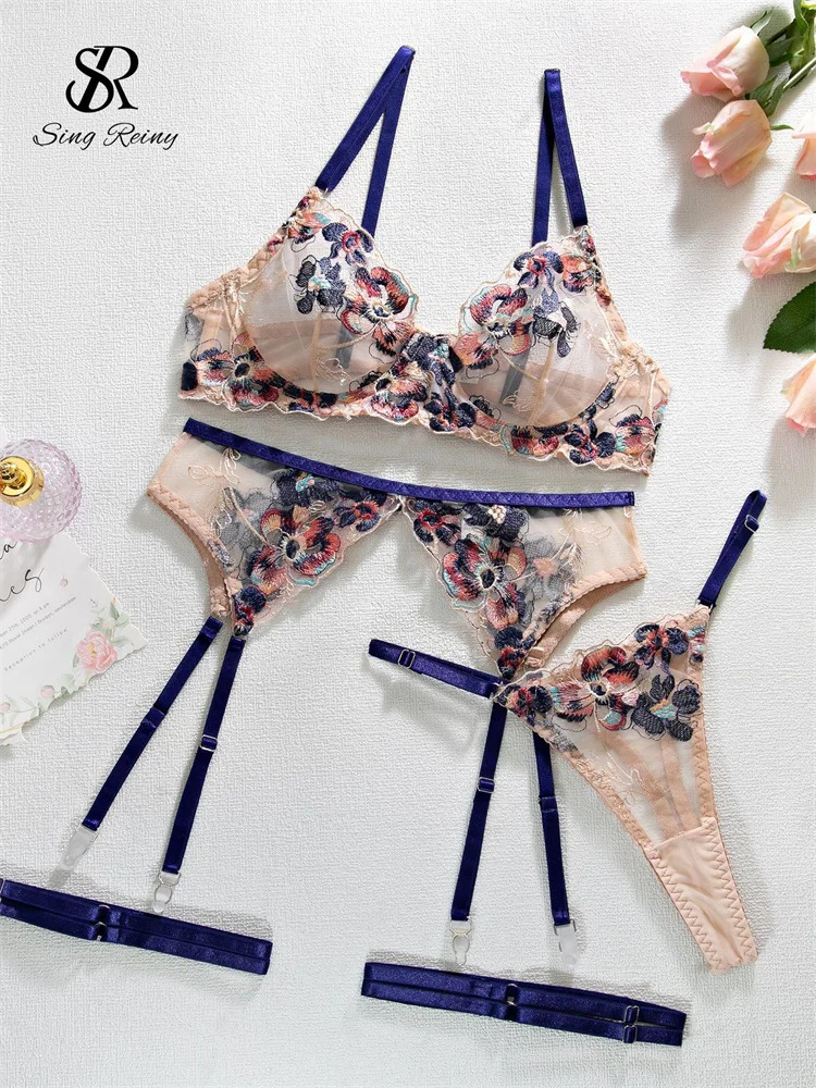 Singrainy floral embroidery sexy 4-piece set for womens tight fitting clothing transparent strapless club sex lingerie set 240425