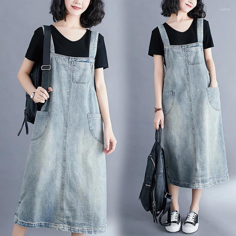 Casual Dresses Loose Straight Straps Denim For Women Streetwear Big Size Mom Long Dress Vintage Washed Jeans Vestidos Mujer