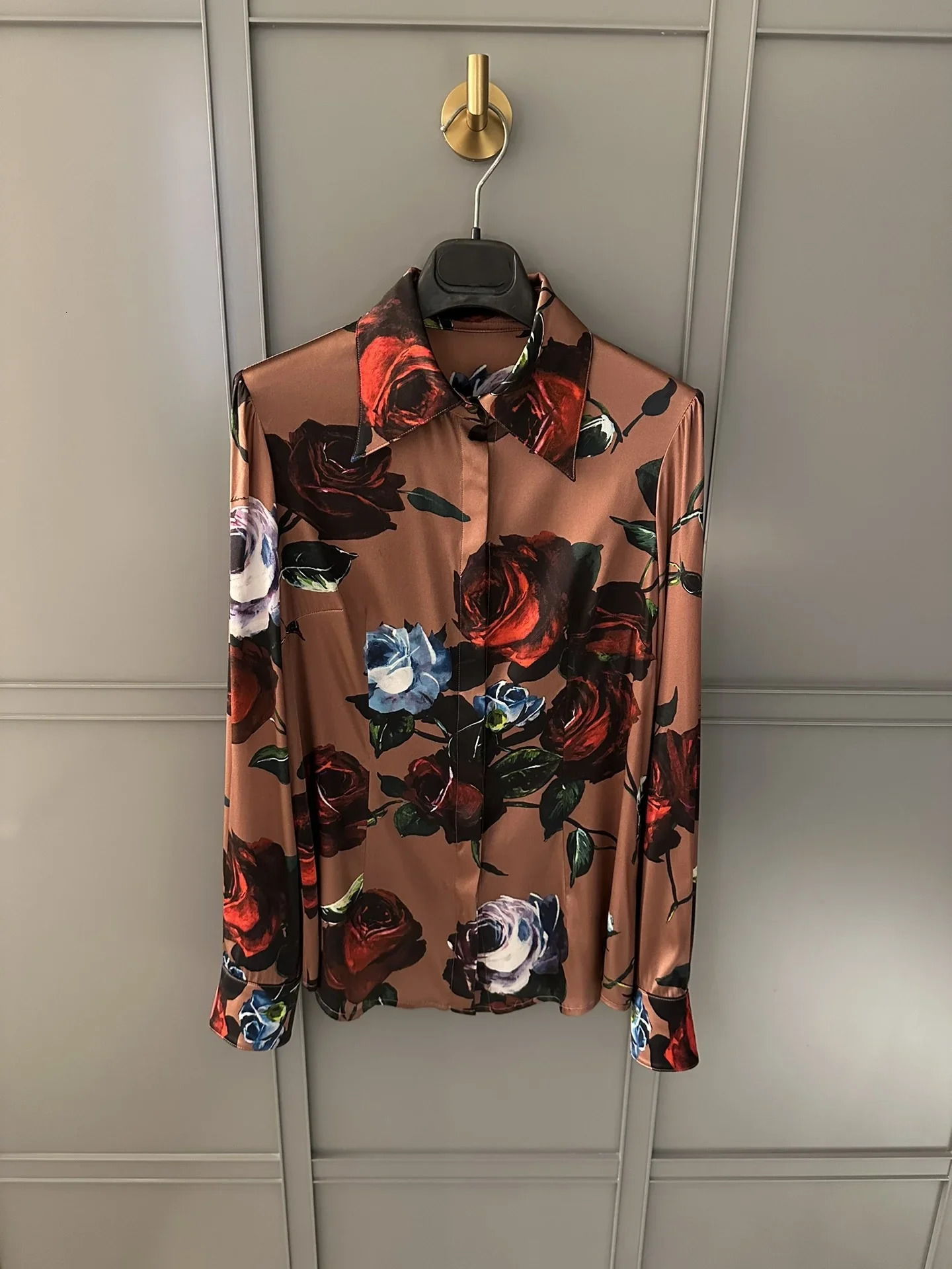 SpringSummer Rose Print Turndown Collar Long sleeved ShirtHshaped Loose Half Skirt woman Set of Two Female clothing 240419