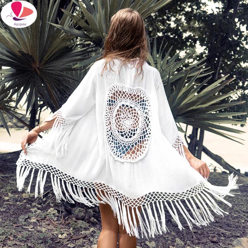 Bohemian Fringe Beach Cover-Up White Bikini Long Cardigan Crochet Hollow Out Sexy Kimono Swimwear Holiday Outing