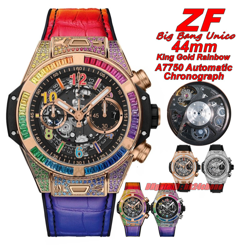 TWF Luxury Watches TW King Gold Rainbow 44mm A7750 Automatic Chronograph Mens Watch Sapphire Crystal Skeleton Dial Leather Strap Gents Wristwatches