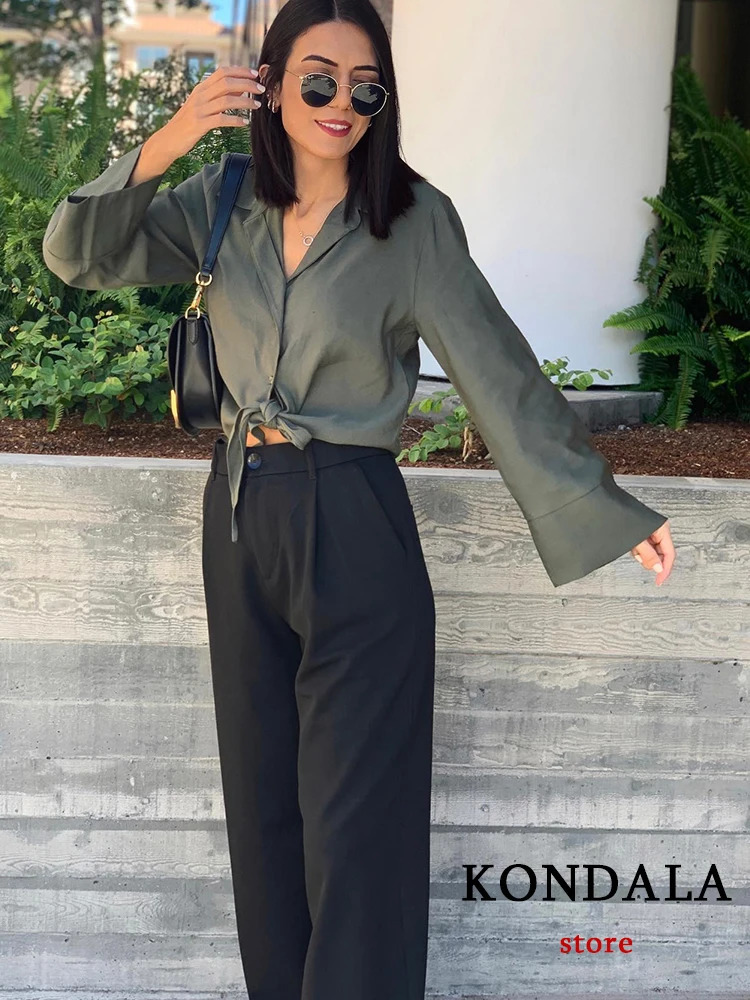 KONDALA Vintage Office Lady Solid Women Suits Long Sleeve Bow Shirts TopsSide Split Pleated Skirts Fashion Casual Sets 240423